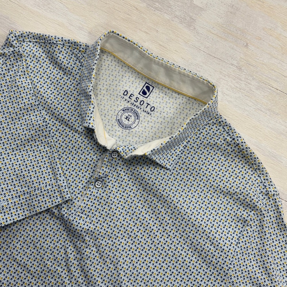 Desoto Polo Shirt Jersey Knit Geometric Print Blue Yellow Mens Size XL